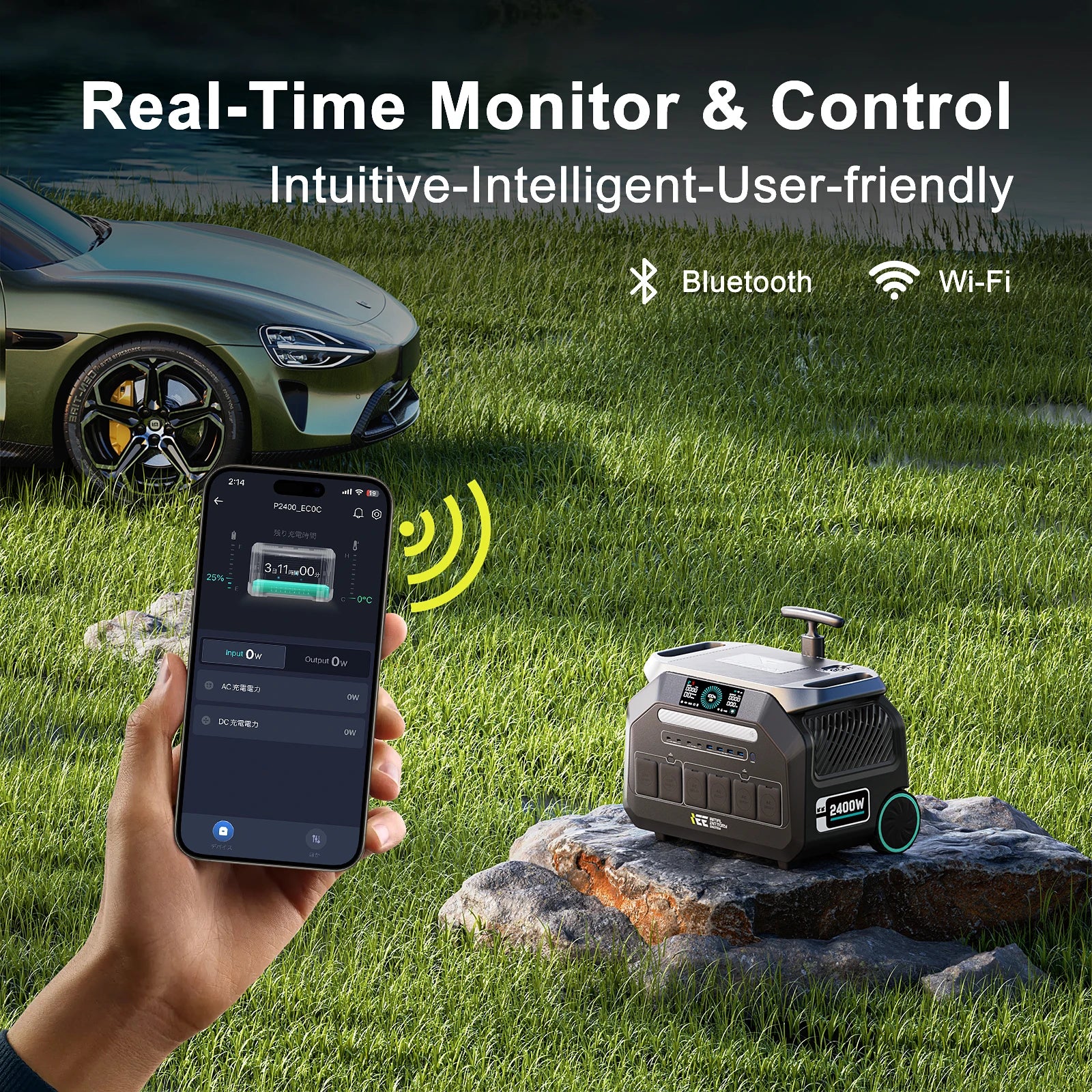 IEETEK P2400 2400W Portable Power Station, 2400W portable power station with 2048Wh LiFePO4 battery, dual 200W solar panels, and Bluetooth/Wi-Fi control. User-friendly interface for easy, real-time monitoring and operation. (24 words)