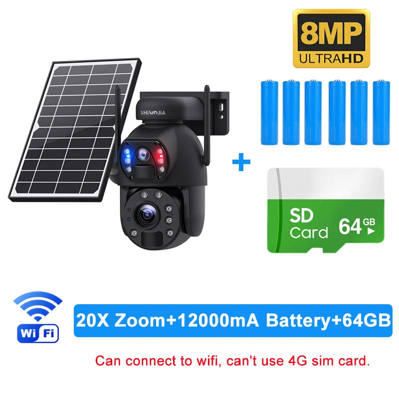 SHIWOJIA 4K 8MP 4G Solar Camera, 8MP| ULTRAHD Shivojia SD card 6498 20X Zoom+1