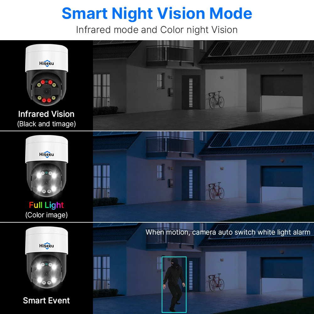 Hiseeu 2K 4MP Camera, Smart night vision with IR and color modes, auto-switching to full-color mode with motion detection.