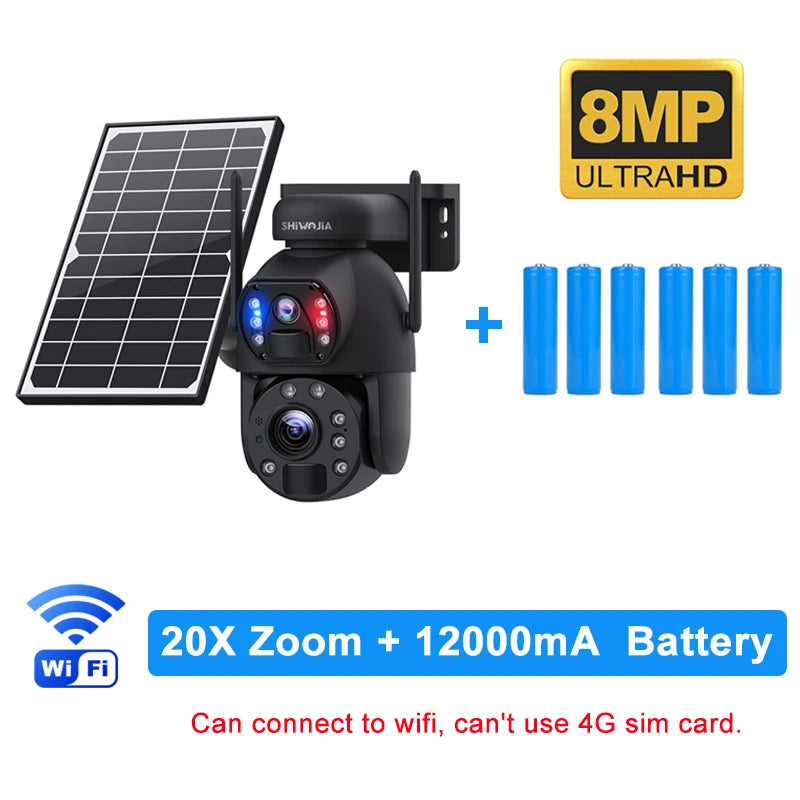 SHIWOJIA 4K 8MP 4G Solar Camera, 8MP ULTRAHD Shivojia 20X Zoom 12000mA Battery Wi