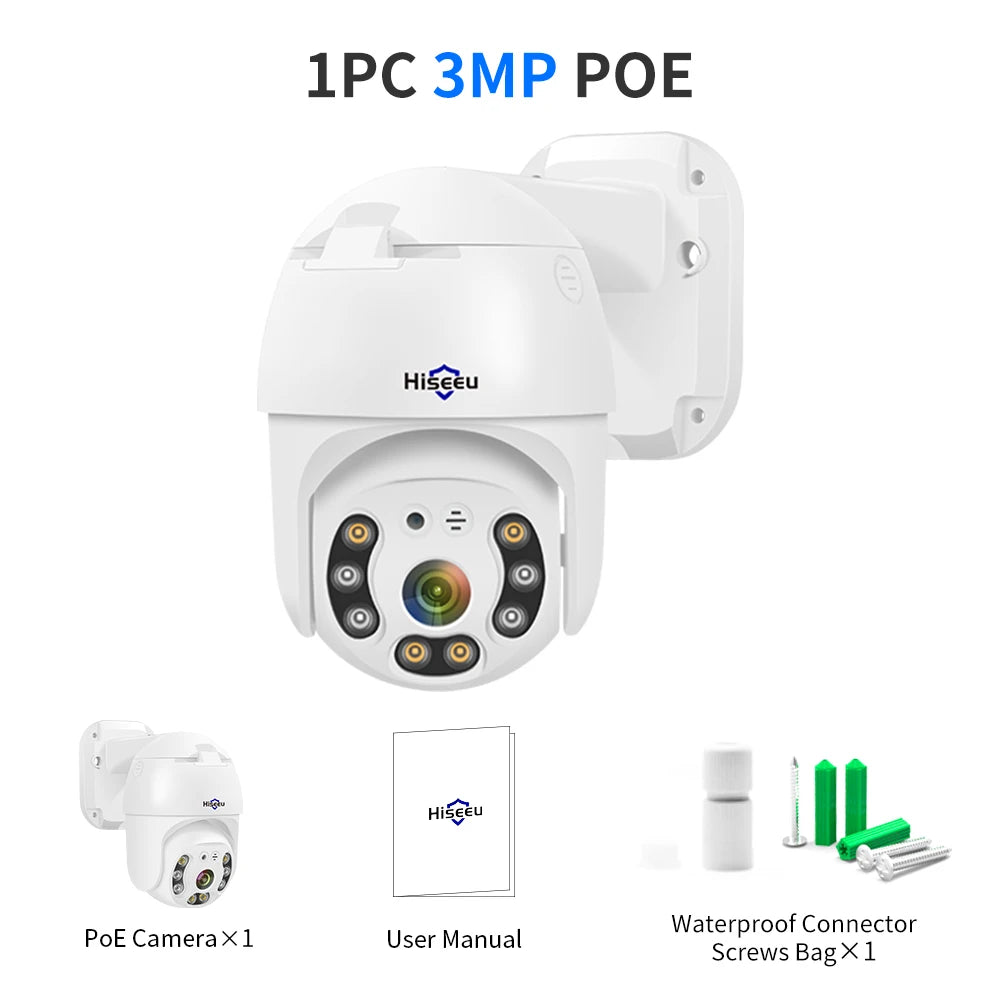 Hiseeu 3MP Camera, PoE security camera kit with camera, connector, manual, and screws.