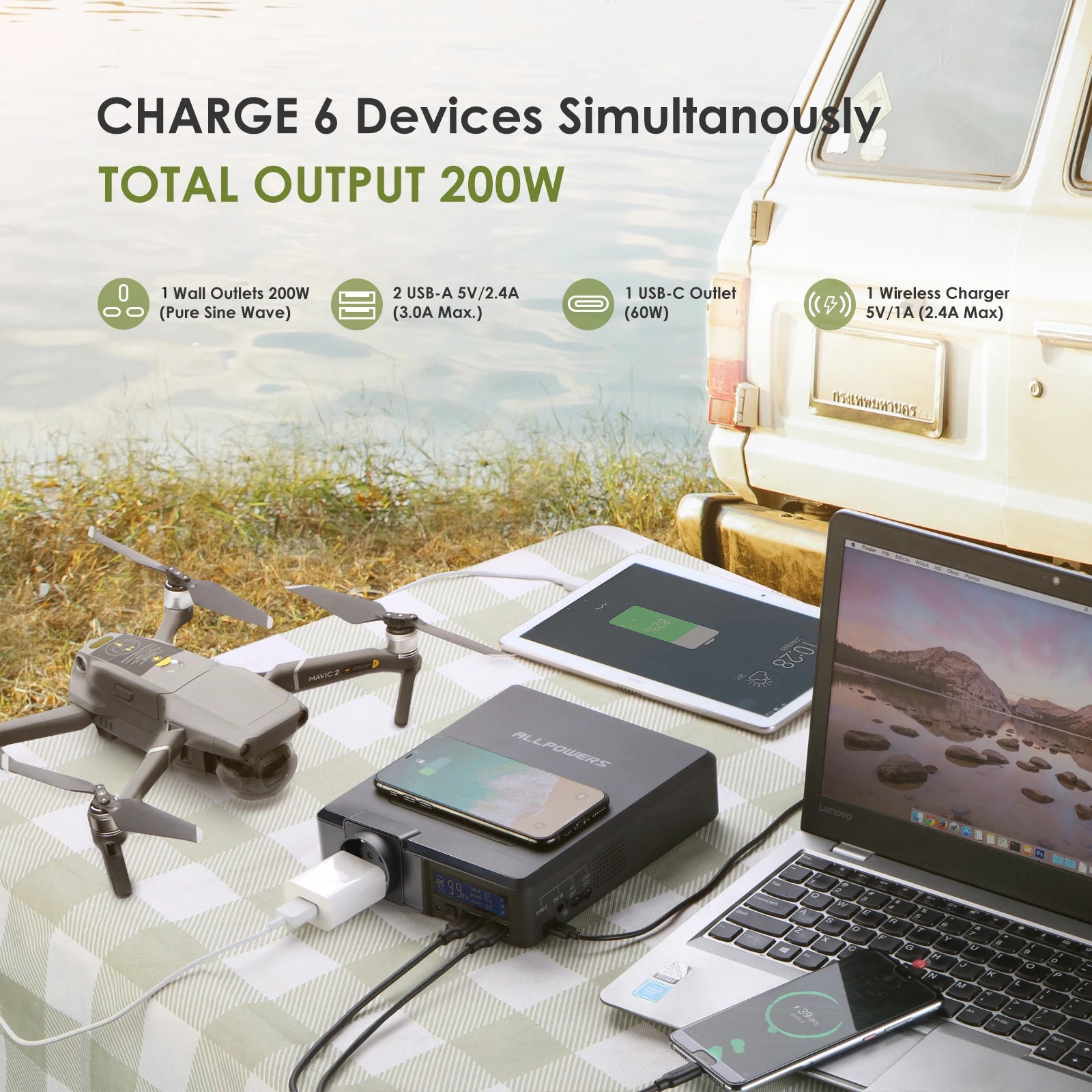 The ALLPOWERS 200W portable power station charges up to 6 devices simultaneously, featuring a wall outlet, USB ports, and wireless charging, ideal for outdoor electronics.