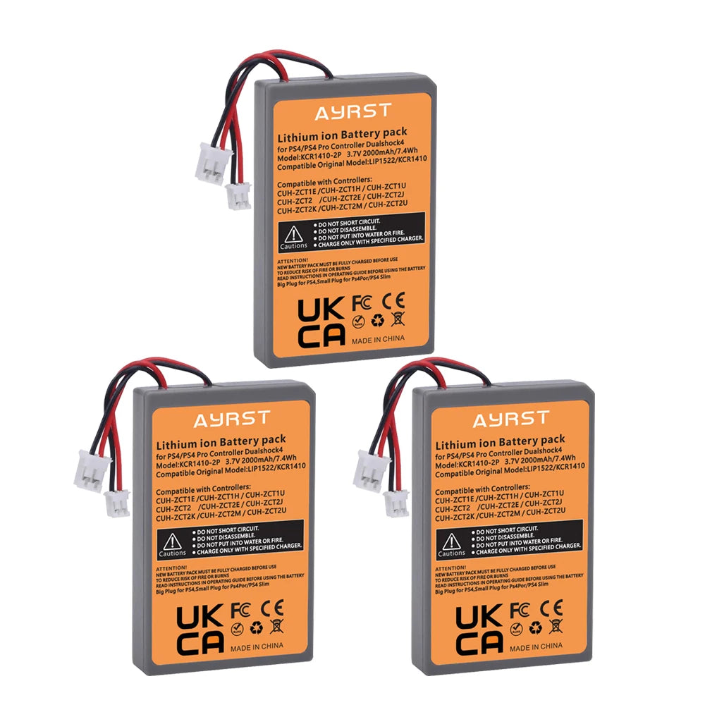 Sony PS4 DualShock 4 V1/V2 Replacement Battery, AYRST 2000mAh lithium-ion battery for PS4 controllers, compatible with DualShock 4 models, includes safety certifications, made in China.
