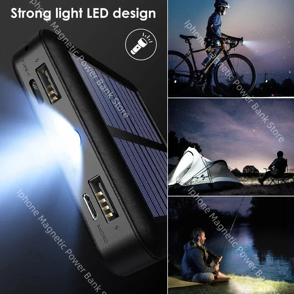 Portable Solar Power Bank 10k/30k/50k mAh - Built-in Cables, 5-Device Fast Charging, LED — for iPhone/Samsung/Xiaomi