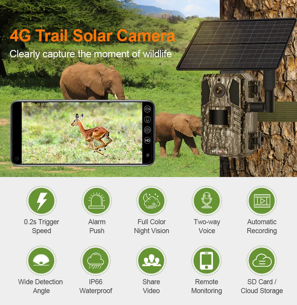 LS VISION 4G Solar Hunting Trail Camera, 4G Solar Trail Camera for wildlife moments with full-color video, night vision, and remote sharing.