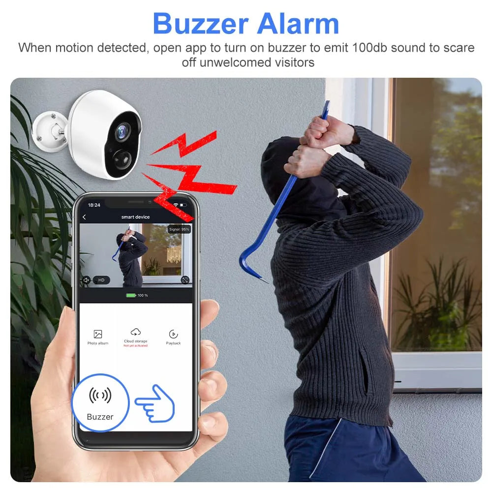 REHENT 3MP Solar Camera, Buzzer Alarm When motion detected, open app to turn on buzzer to emit 1OOd