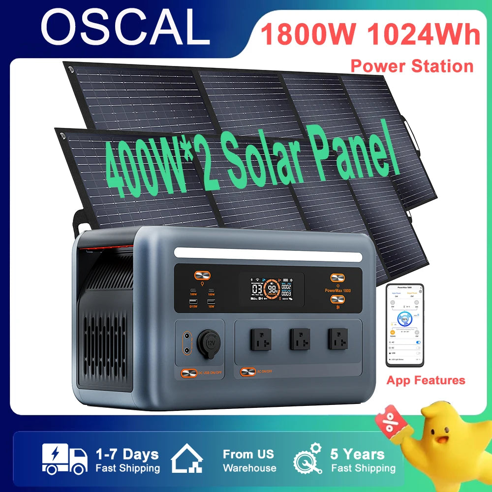 OSCAL PowerMax 1800 Portable Power Station, OSCAL 1800W portable power station with 1024Wh capacity, includes two 400W solar panels, app control, and 5-year warranty for reliable off-grid energy.