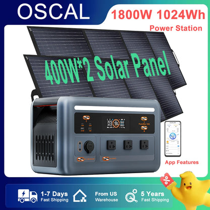 OSCAL PowerMax 1800 Portable Power Station, OSCAL 1800W portable power station with 1024Wh capacity, includes two 400W solar panels, app control, and 5-year warranty for reliable off-grid energy.
