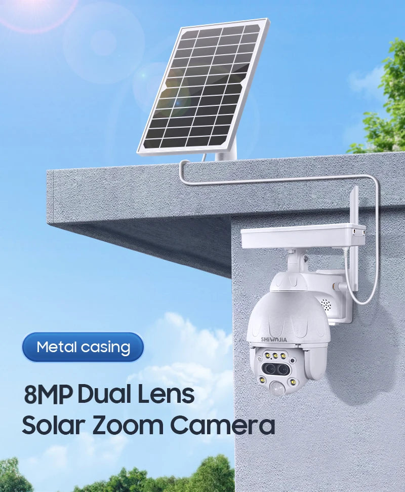 SHIWOJIA S379 Solar Camera, Outdoor solar-powered camera with dual lenses, 8MP resolution, and metal casing for monitoring and surveillance.