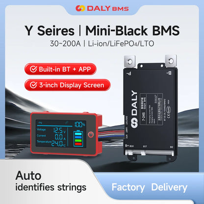 DALY Smart BMS Y Series mini-black BMS promo graphic showing built-in BT + app and 3-inch screen