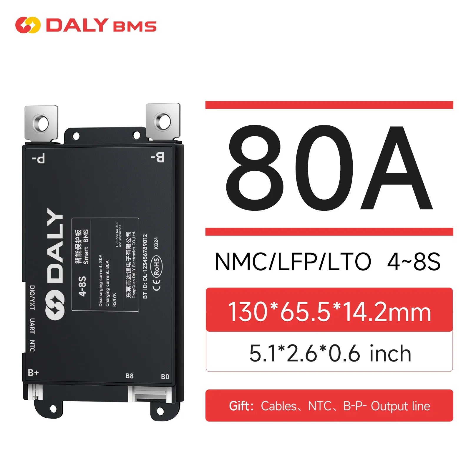 80A DALY BMS spec graphic for 4–8S packs, shows size 130×65.5×14.2 mm and included cables