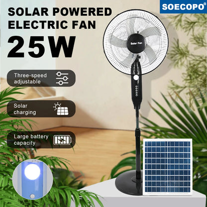25W Solar Floor Fan with 18000mAh Battery, 20W Solar Panel, 3-Speed, USB Port & Night Light – 12H Runtime for Home, Camping & Emergency