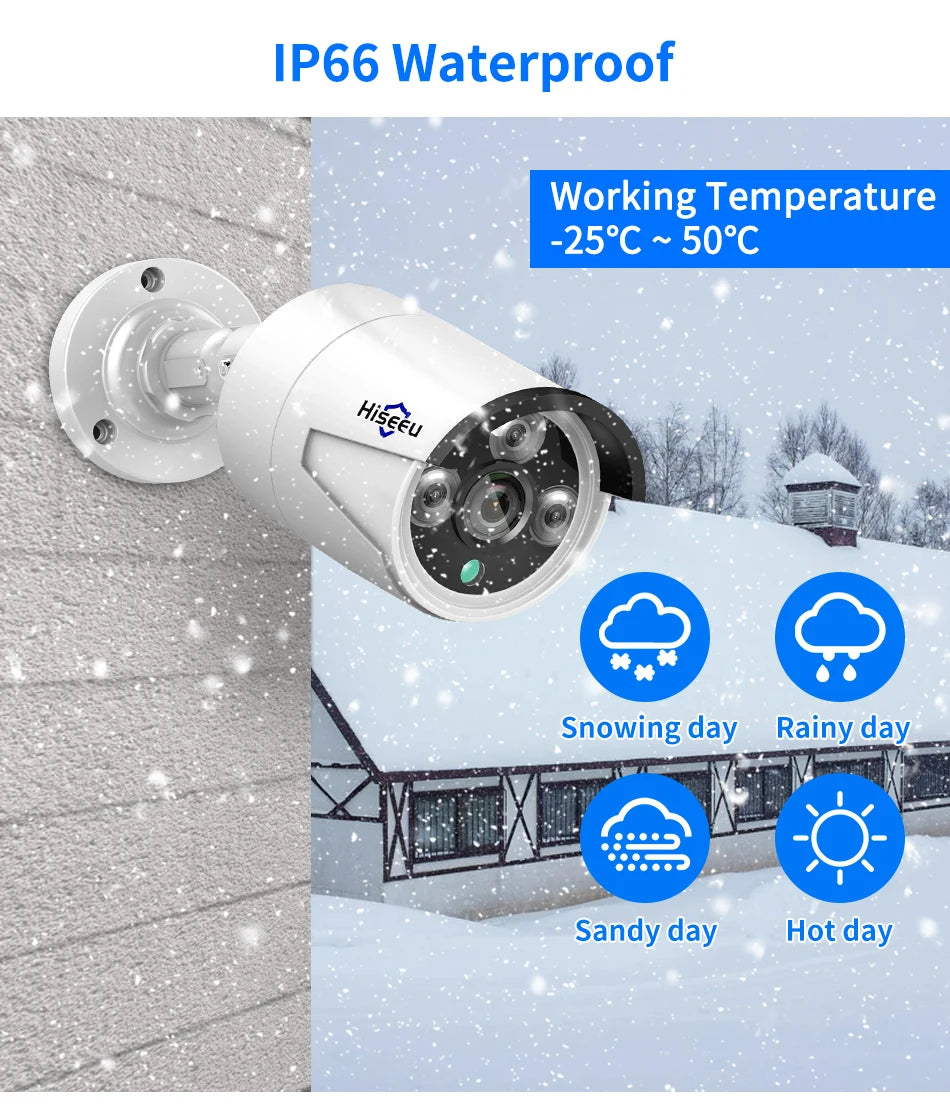 Hiseeu 5MP Camera, Robust device for use in harsh weather conditions: waterproof, -25°C to 50°C, suitable for snow, rain, and sand.