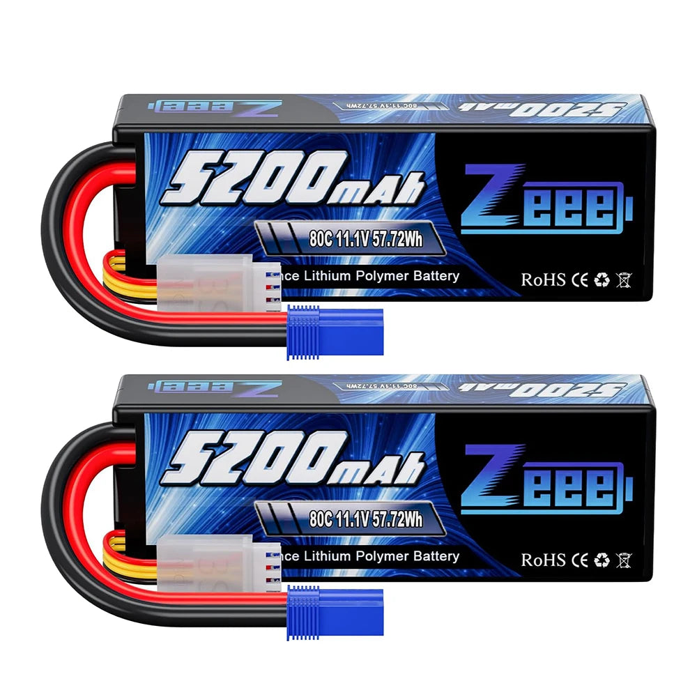 1/2pcs Zeee 3S 5200mAh LiPo Battery, Zeee 5200mAh 11.1V 80C LiPo battery, 57.72Wh, hardcase, multiple plug options, RoHS CE certified, ideal for RC cars, buggies, trucks, and FPV drones.