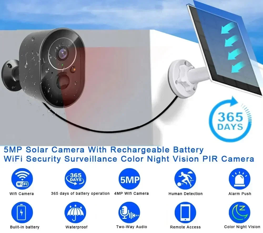 Devoccvo 5MP Tuya Solar Wifi Camera, 365 DAYS SMP Solar Camera With Rechargeable Battery WiFi Security Surveill