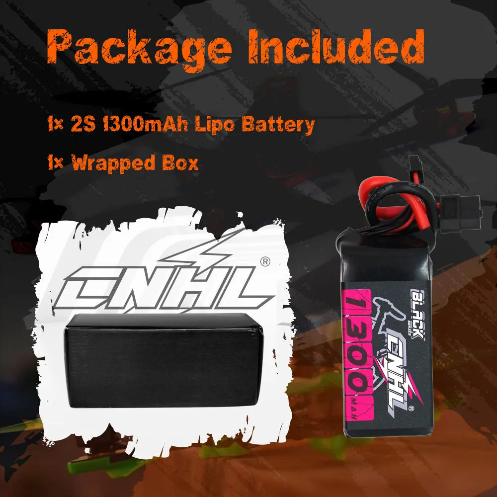 2pcs CNHL 2S Lipo Battery, Includes one 2S 1300mAh LiPo battery and one wrapped box, CNHL brand, black with pink labels, XT60 plug.