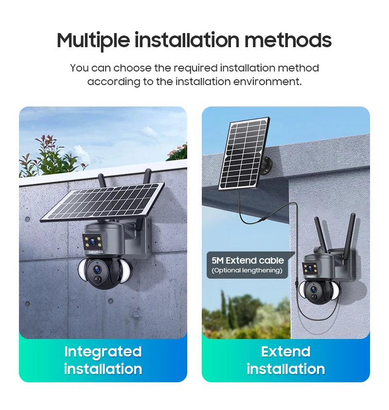 SHIWOJIA 4K 8MP Solar Camera, Installation options include extendable cables for flexible installation.