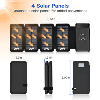10000mAh Solar Power Bank, A 10000mAh solar power bank with 4 detachable 2W panels, Qi wireless charging, dual USB, Type-C/Micro input, LED flashlight, and foldable design.