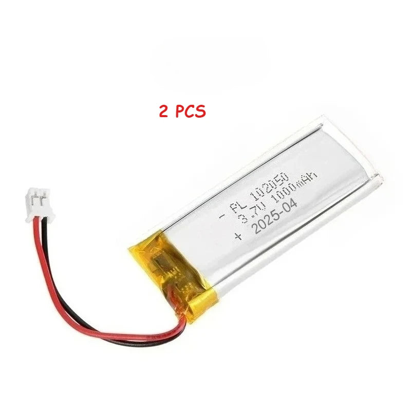 Two 3.7V 1000mAh Li-Po batteries with JST PH 2.0 connectors, model 102050, expiring April 2025.