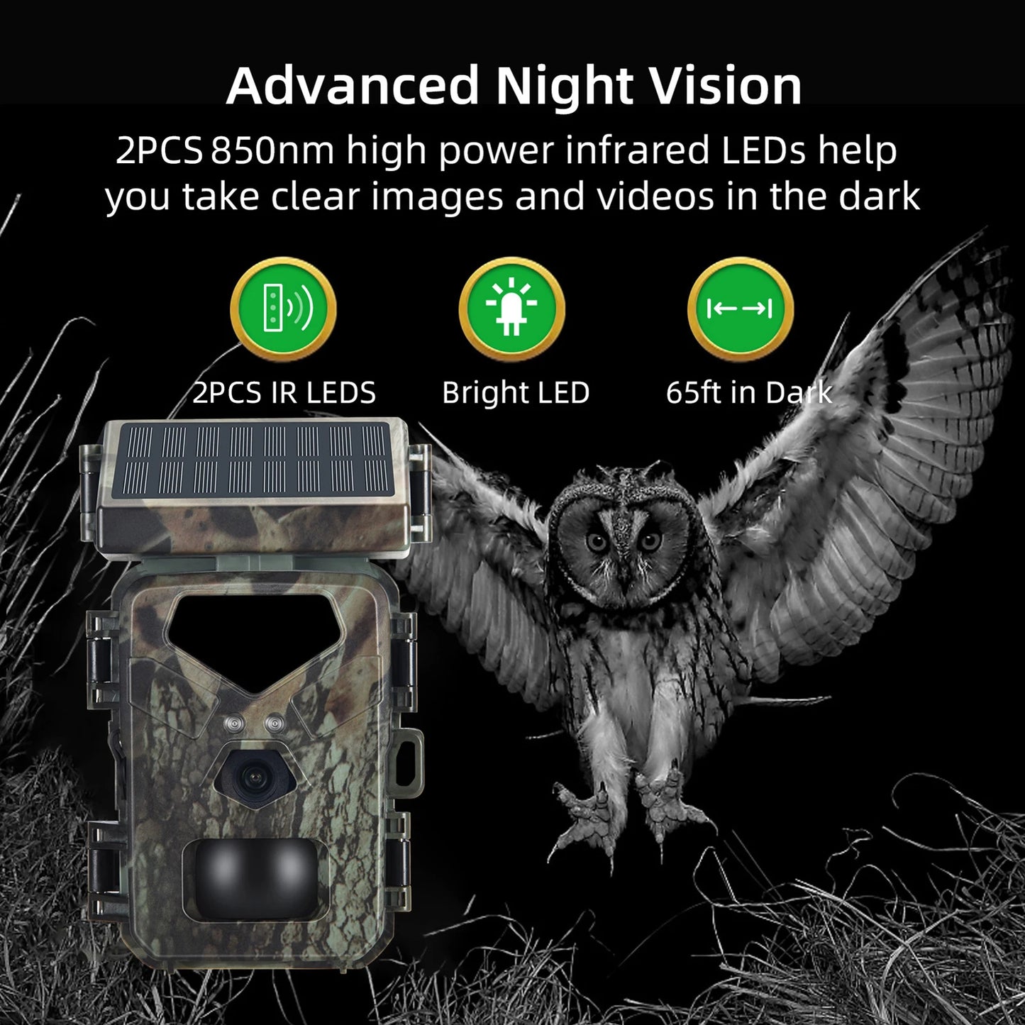 Solar-powered hunting camera with 20MP resolution, 1080P video, night vision, and 0.3s trigger speed.