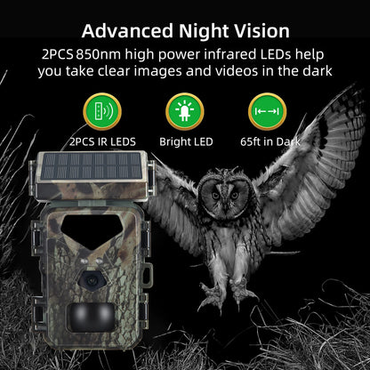 Solar-powered hunting camera with 20MP resolution, 1080P video, night vision, and 0.3s trigger speed.