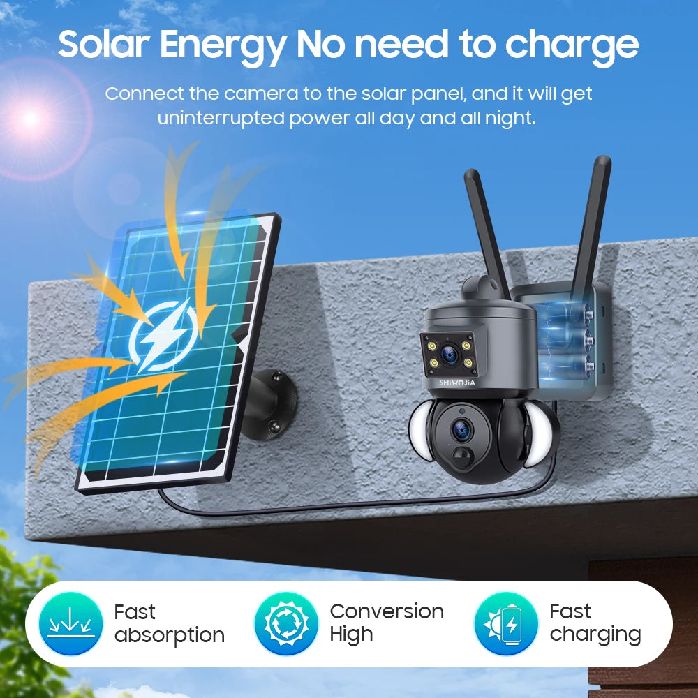 SHIWOJIA 4K 8MP Solar Camera, Solar Energy No need to charge Connect the camera to the solar panel; and it will uninterrupted power