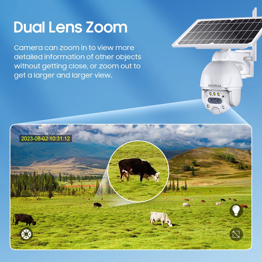 SHIWOJIA S379 Solar Camera, Zoom-capable solar camera with dual lens for detailed or wide-angle views.