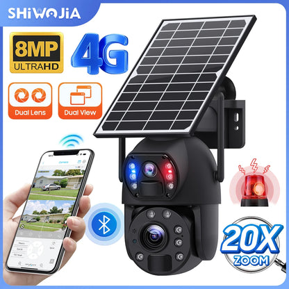 SHIWOJIA 4K 8MP 4G Solar Camera, SHiWq JiA 8MP 46 ULTRAHD Dual Lens Dual View Cona