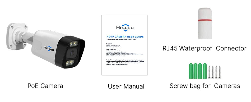 Hiseeu 4K 8MP Camera, Waterproof 4K camera with 8MP resolution, POE connectivity, and RJ45 port, plus user guide.