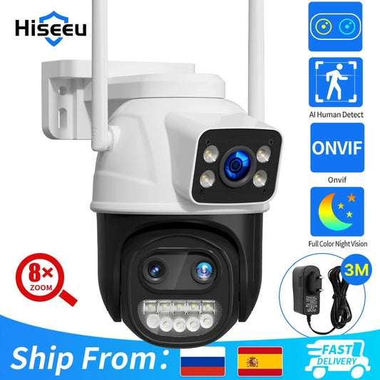 Hiseeu 9MP Camera, Advanced surveillance camera with 3 lenses, dual screens, 8x zoom, AI-powered human detection, and full-color night vision.