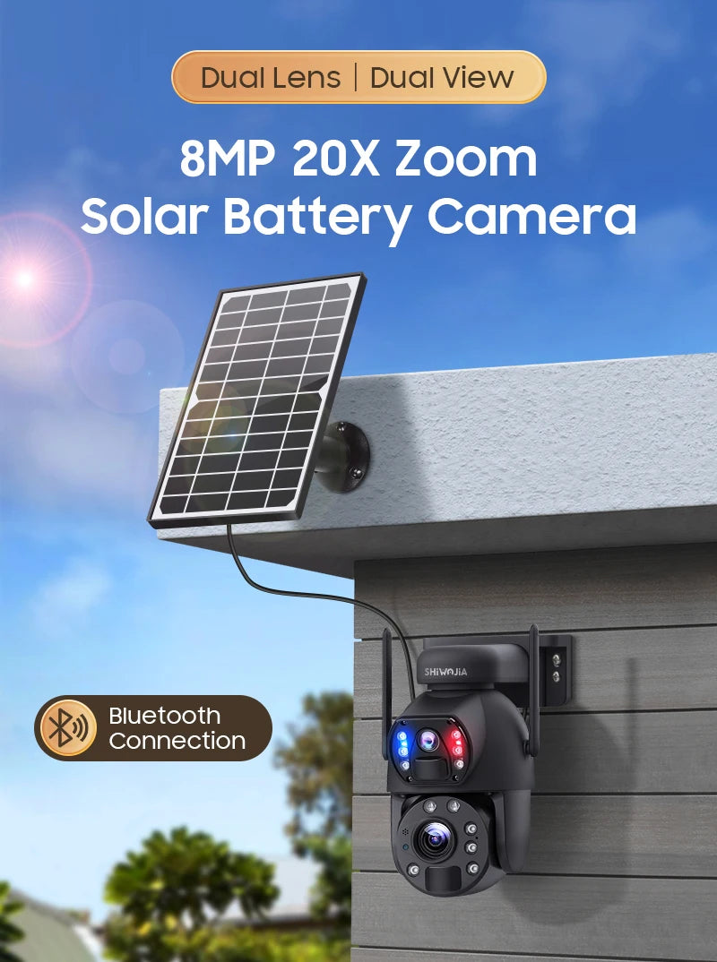 SHIWOJIA 4K 8MP 4G Solar Camera, 4K solar camera with dual lenses, 8MP res, 20x zoom, Bluetooth, and long-lasting battery.