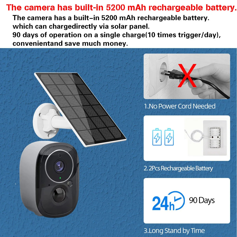 Devoccvo 5MP Tuya Solar Wifi Camera, camera has built-in 5200 mAh rechargeable battery: which can chargedirectly via