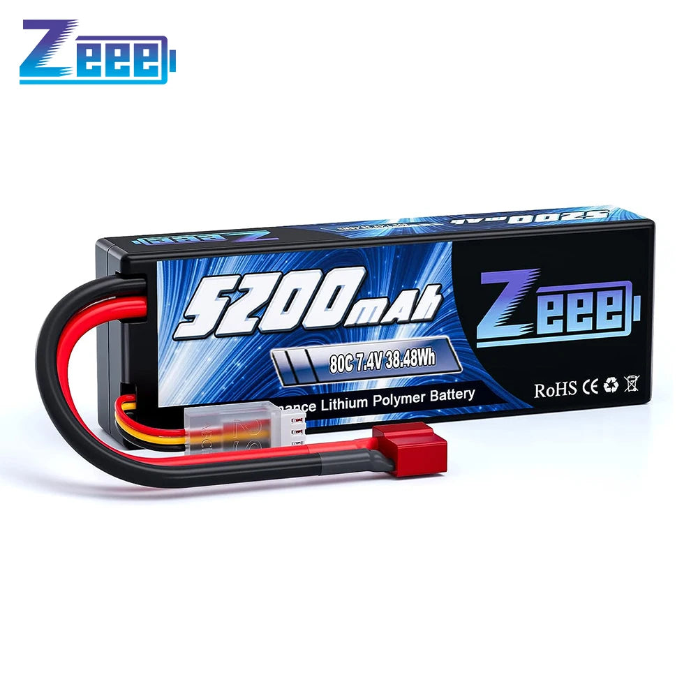 Zeee 2S RC LiPo Battery, High-performance 5200mAh 7.4V 80C LiPo battery with hardcase and Deans plug, ideal for RC vehicles and airplanes; RoHS and CE certified.