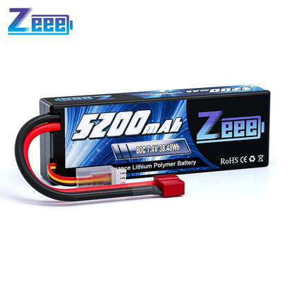 Zeee 2S RC LiPo Battery, High-performance 5200mAh 7.4V 80C LiPo battery with hardcase and Deans plug, ideal for RC vehicles and airplanes; RoHS and CE certified.