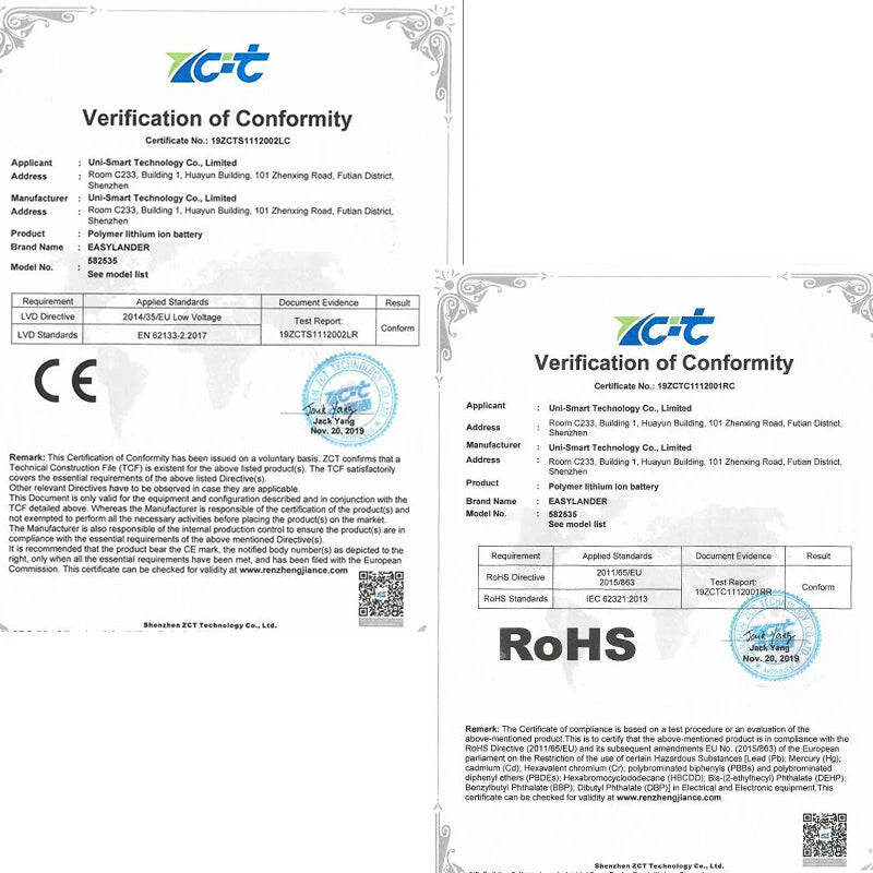 Easylander 582635 polymer lithium-ion battery is CE and RoHS certified, with test reports, standards, manufacturer details, and validation from ZCT Technology Co., Ltd.