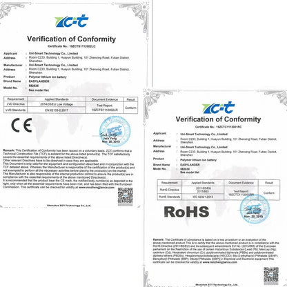 Easylander 582635 polymer lithium-ion battery is CE and RoHS certified, with test reports, standards, manufacturer details, and validation from ZCT Technology Co., Ltd.