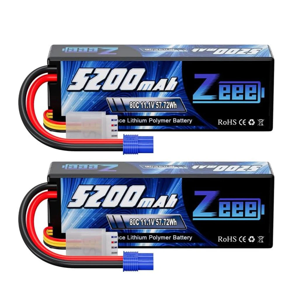 1/2pcs Zeee 3S 5200mAh LiPo Battery, Zeee 5200mAh 11.1V 80C LiPo battery, 57.72Wh, hardcase, multiple plug options, for RC vehicles and drones, RoHS and CE certified.