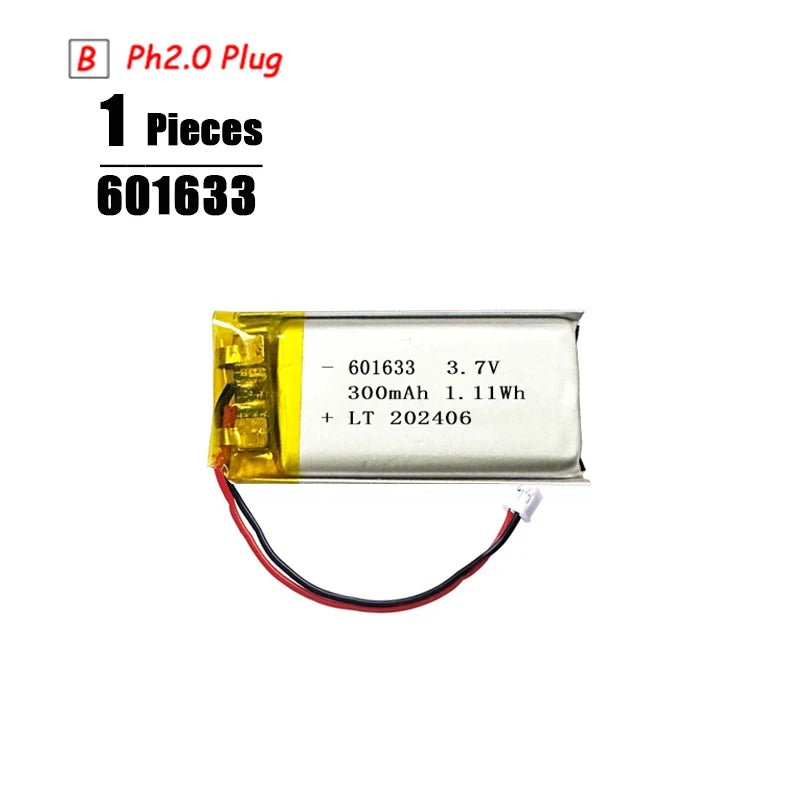 L7ADFJ 3.7V Lipo Battery, 3.7V 300mAh Li-Polymer battery, model 601633, PH2.0 plug, includes protection board, CE/RoHS/KC certified, single piece.
