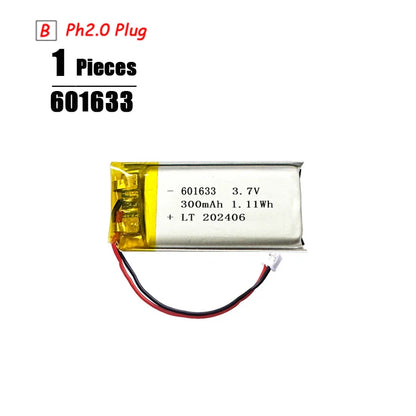 L7ADFJ 3.7V Lipo Battery, 3.7V 300mAh Li-Polymer battery, model 601633, PH2.0 plug, includes protection board, CE/RoHS/KC certified, single piece.