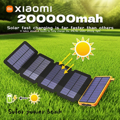 Xiaomi Solar Power Bank, Xiaomi 20000mAh solar power bank features foldable 4-panel charger, dual USB, Type-C input, 9-LED light, wireless Qi, fast 4-hour solar charging.
