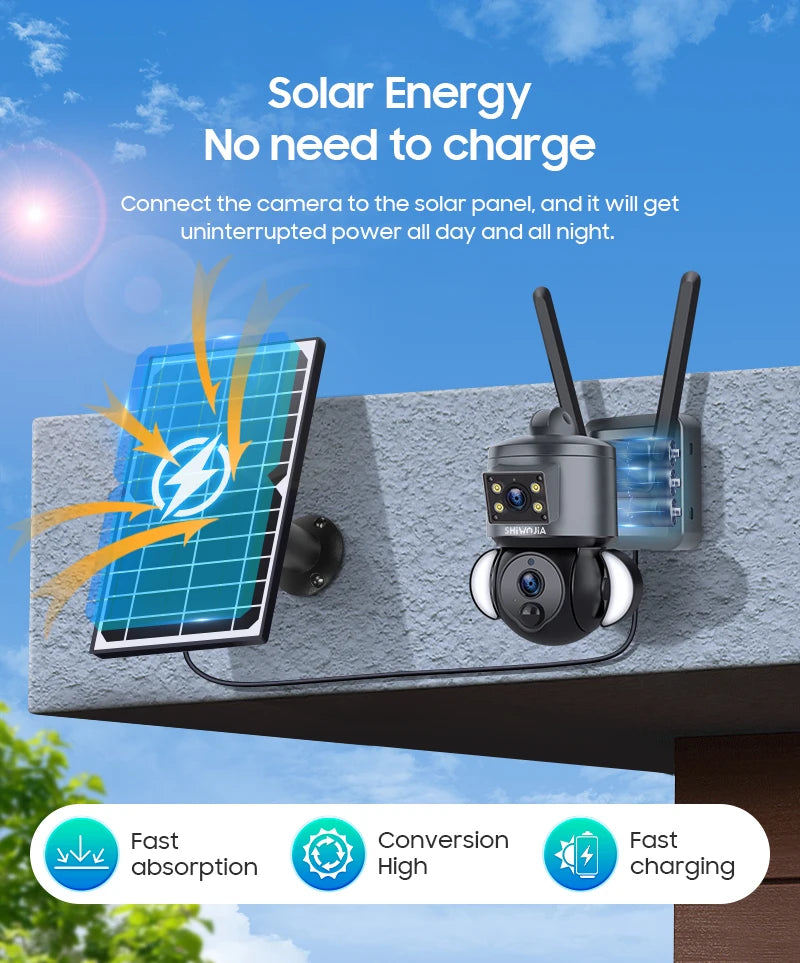 SHIWOJIA 4K 8MP Solar Camera, Solar-powered camera needs no charging, stays powered with connected solar panel.