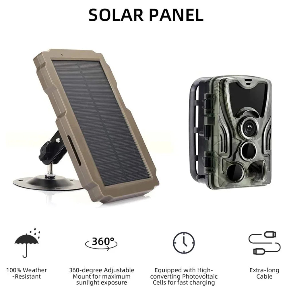 6V-12V 3000mAh Trail Game Camera, Robust solar panel with 360-degree adjustability, weather resistance, and long-lasting design for optimal energy harvesting.