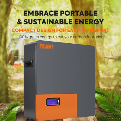 PowMr wall-mounted LiFePO4 battery shown in outdoor scene, compact design for easy transport graphic