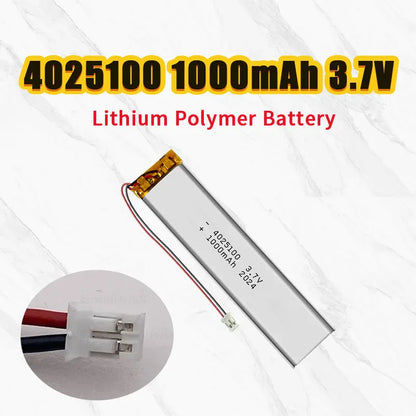 4025100 3.7V 1000mAh Lithium Polymer Battery, 1000mAh 3.7V lithium polymer battery with PH-2.0P plug, ideal for various electronic devices. Compact, reliable power source for DIY projects and small electronics.
