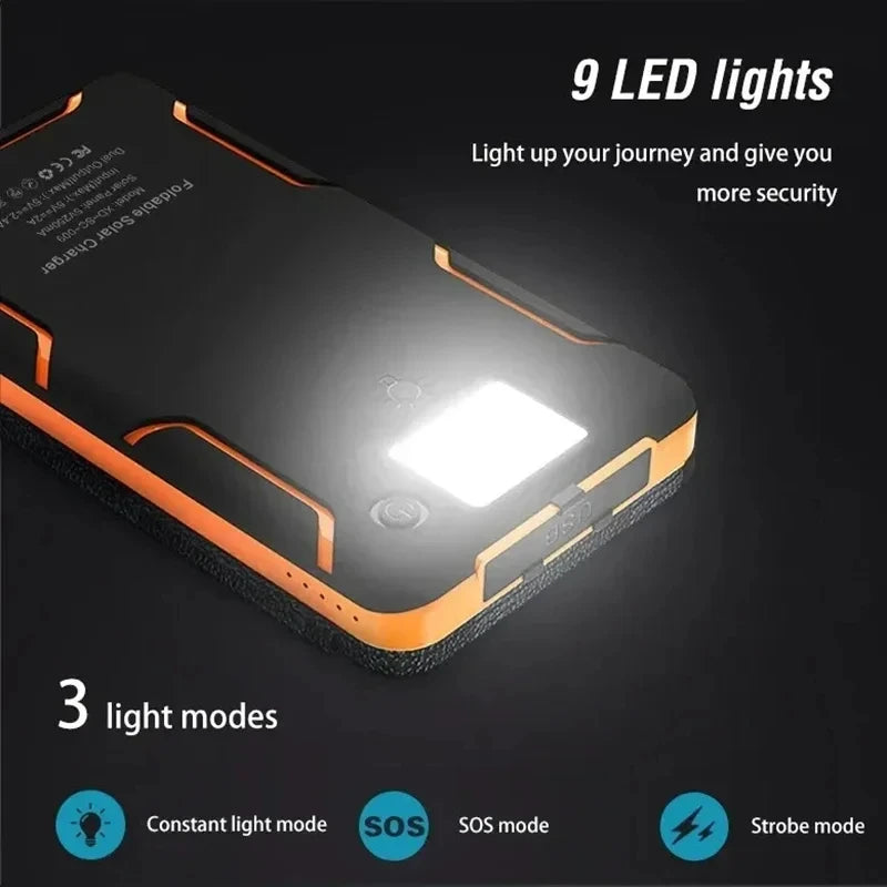 Xiaomi Solar Power Bank, 9 LED lights with 3 modes (constant, SOS, strobe), solar power bank featuring dual USB, Type-C, and wireless Qi charging.
