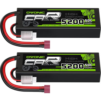 OVONIC 2S Lipo Battery, 2-pack 5200mAh 7.4V LiPo batteries with 50C high discharge, Deans T plug, hard case, for RC cars, trucks, boats, and drones. Total 38.48Wh.