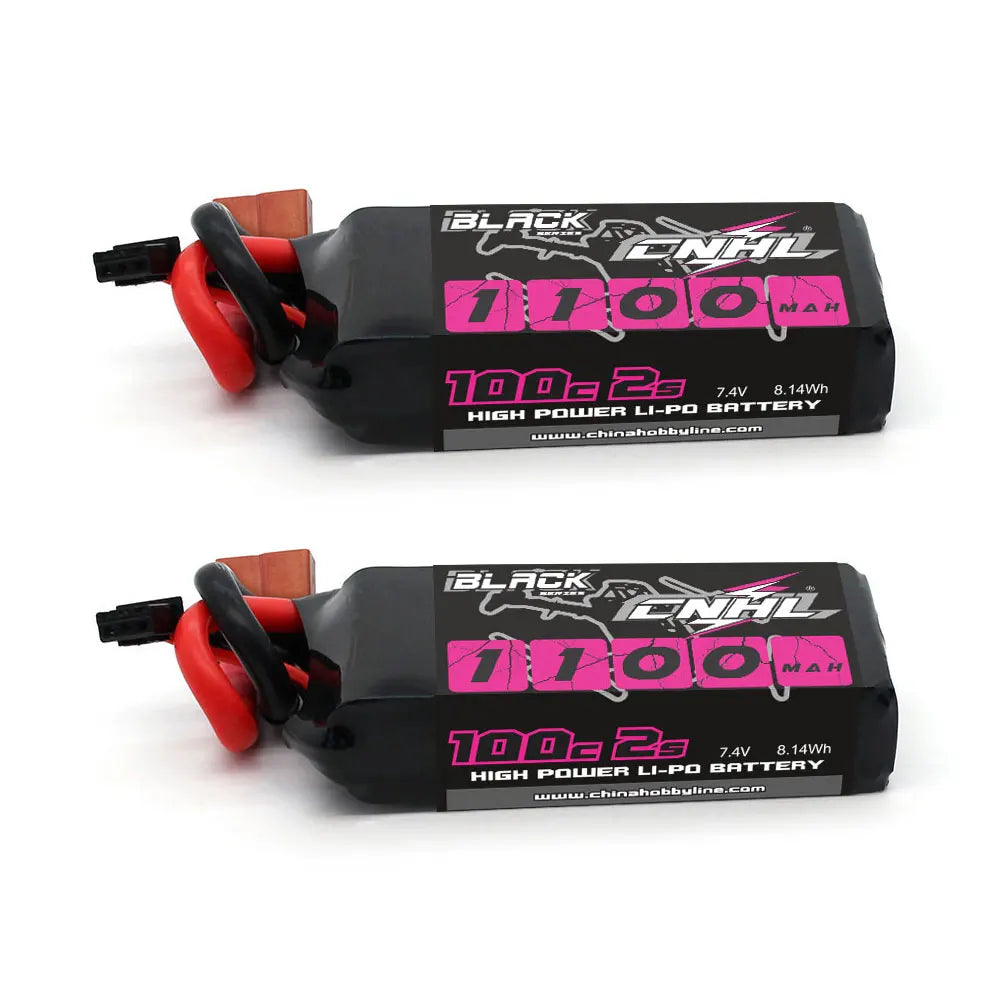 2pcs CNHL 2S Lipo Battery, 7.4V 1100mAh CNHL 2S Li-Po battery, 100C, XT60 plug, high power for RC drones and airplanes; black-pink design. www.chinahobbyline.com.