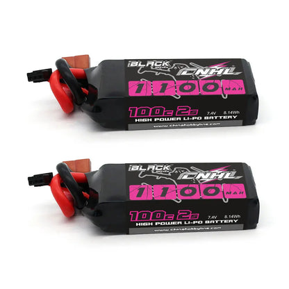 2pcs CNHL 2S Lipo Battery, 7.4V 1100mAh CNHL 2S Li-Po battery, 100C, XT60 plug, high power for RC drones and airplanes; black-pink design. www.chinahobbyline.com.