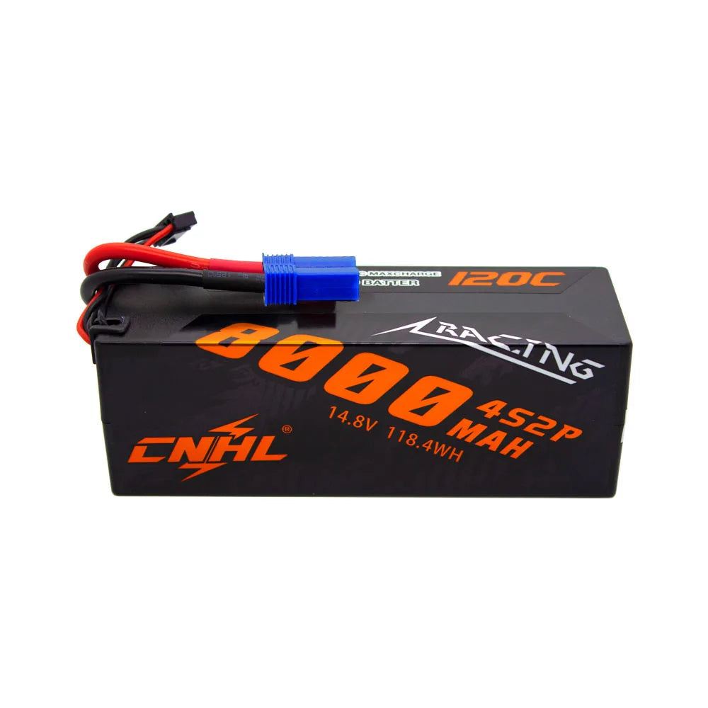 CNHL 3S/4S LiPo Battery, CNHL 8000mAh 14.8V 120C racing LiPo battery with T/EC5 plug, high-performance power source for RC vehicles, offering long runtime and fast charging capabilities.