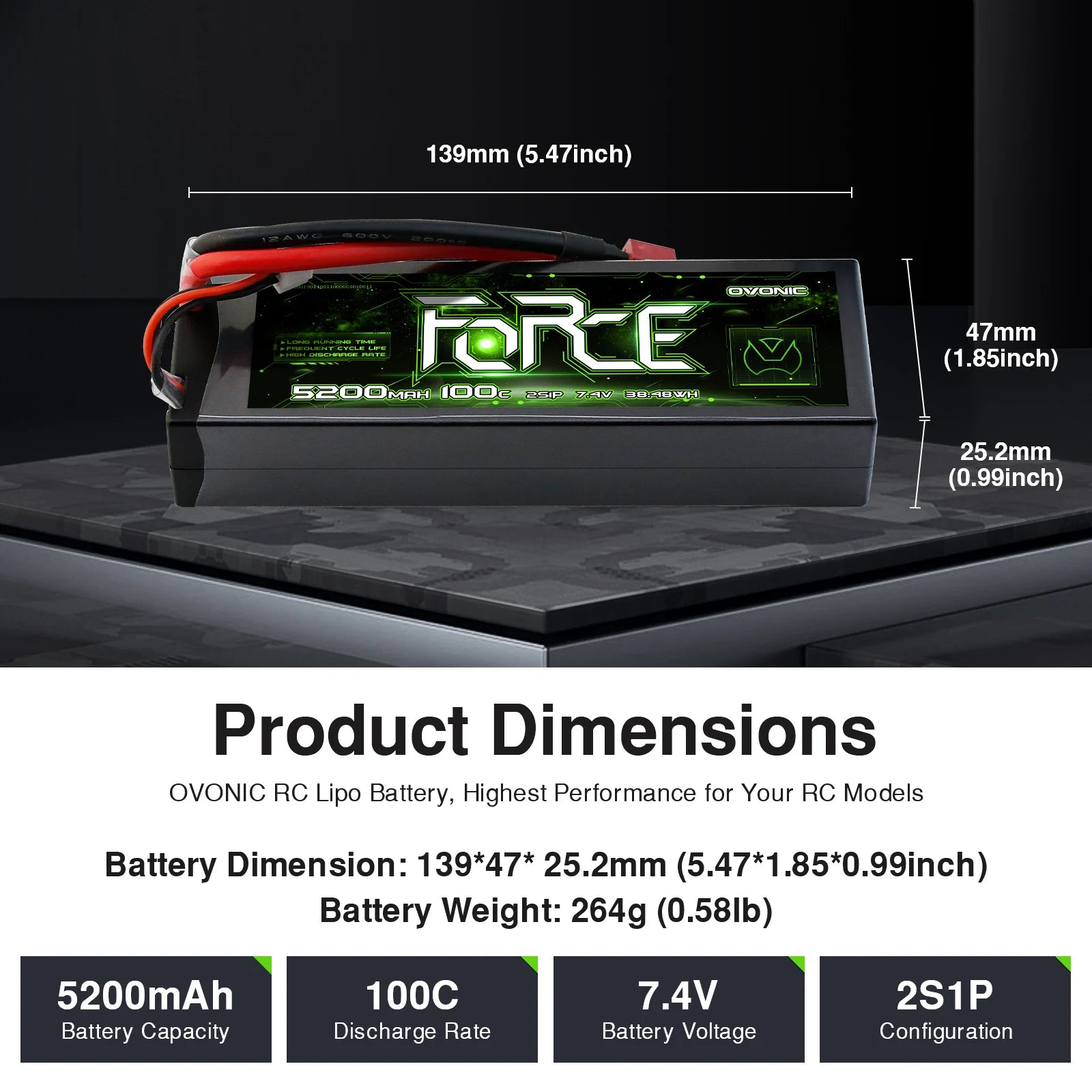 OVONIC Lipo Battery, OVONIC 5200mAh 100C 7.4V LiPo battery for RC models; high discharge, long runtime, includes T plug and voltage checker; compact size, lightweight.